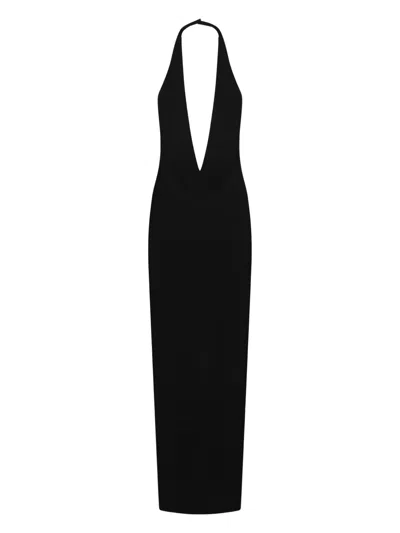 Monot Halter Neck Crepe Dress With Deep V-neck In Black