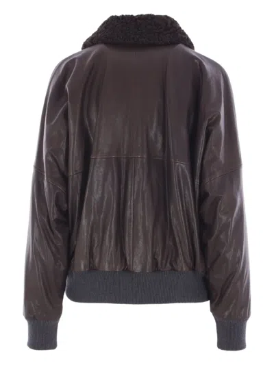 Brunello Cucinelli Shearling-collar Leather Jacket In Brown