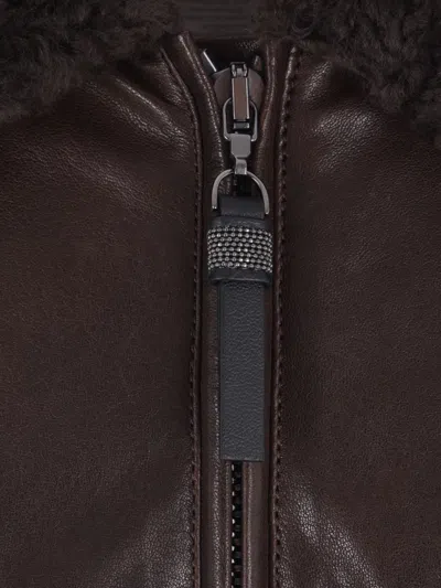 Brunello Cucinelli Shearling-collar Leather Jacket In Brown