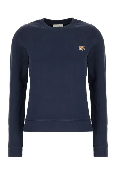 Maison Kitsuné Blue Crewneck Sweater With Fox Head Logo Patch On The Front In Cotton Woman