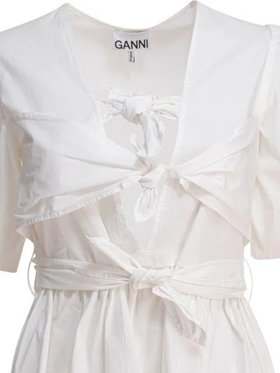 Ganni Midi Dress With Bows Dresses White In White