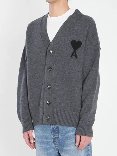 Ami Alexandre Mattiussi Ami Paris Ami De Coeur Heather Grey Wool Cardigan In Gray