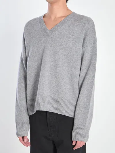 Ami Alexandre Mattiussi Ami V-neck Ribbed Sweater With Embroidered Logo In Gray