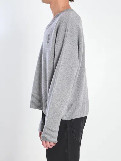 Ami Alexandre Mattiussi Ami V-neck Ribbed Sweater With Embroidered Logo In Gray