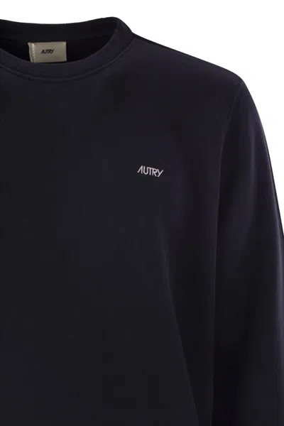 Autry Blue Cotton Crewneck Sweatshirt With Logo Print In Blue