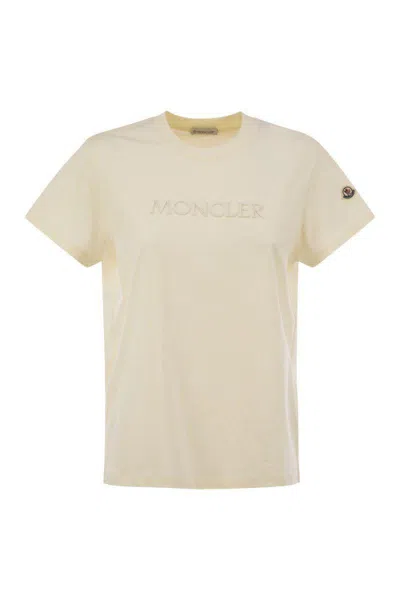 Moncler Cotton T-shirt With Tone-on-tone Embroidered Logo In Neutral