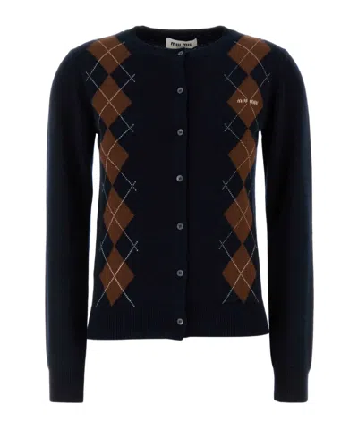 Miu Miu Diamond Knit Cardigan With Ribbed Finish In Black