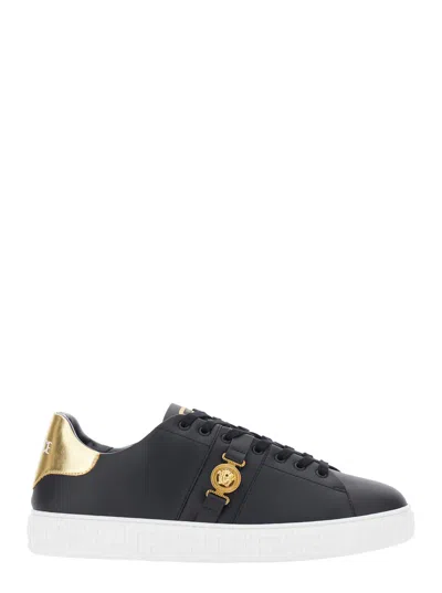 Versace Black Low Top Sneakers With Contrasting Heel With Logo Lettering And Medusa Plaque In Tech Fabric Ma In Black