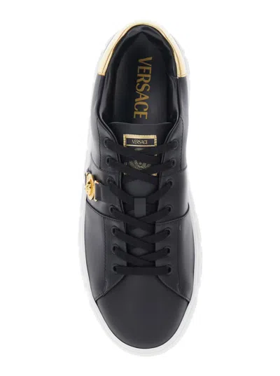 Versace Black Low Top Sneakers With Contrasting Heel With Logo Lettering And Medusa Plaque In Tech Fabric Ma In Black