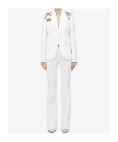 Alexander Mcqueen Crystal Embellished Shoulder Single-breasted Blazer In White
