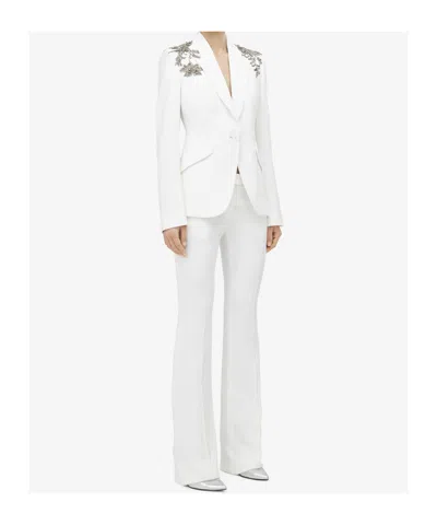 Alexander Mcqueen Crystal Embellished Shoulder Single-breasted Blazer In White