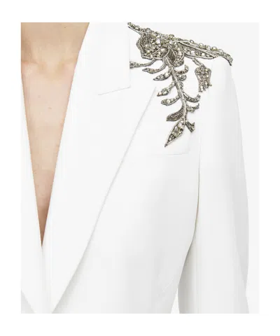 Alexander Mcqueen Crystal Embellished Shoulder Single-breasted Blazer In White