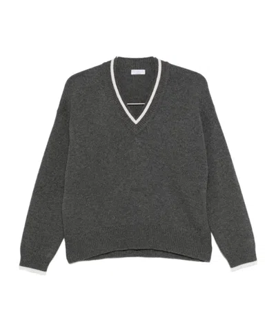 Brunello Cucinelli Ribbed Cashmere V-neck Sweater With Contrast Trim