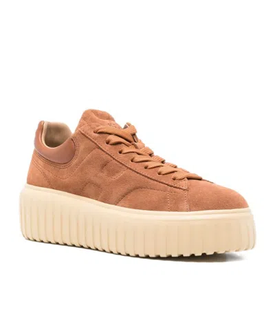 Hogan Brown Suede Sneakers With Smooth Leather Heel In Animal Print