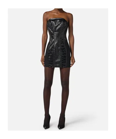 Elisabetta Franchi Croc-embossed Sheer Paneling Sleeveless Dress In Black
