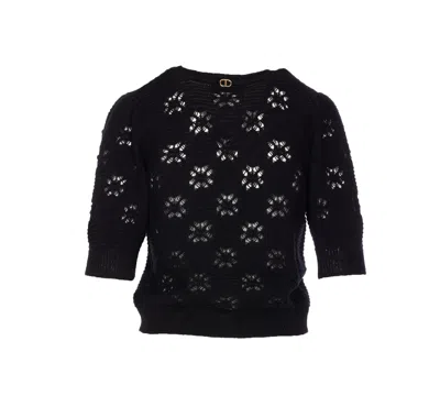 Twinset Open-knit V-neck Cardigan In Black