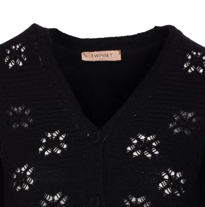 Twinset Open-knit V-neck Cardigan In Black