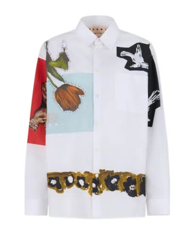 Marni Floral And Abstract Print Button-up Shirt In White