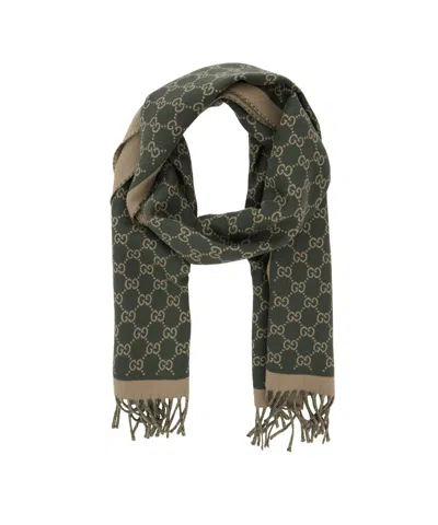 Gucci Men Green Scarf With Fringed Hem And All-over Gg Motif In Wool Man In Green