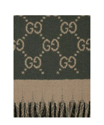Gucci Men Green Scarf With Fringed Hem And All-over Gg Motif In Wool Man In Green