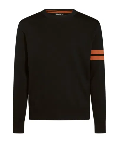 Zegna Crewneck Sweater With Ribbed Cuffs And Hem In Black