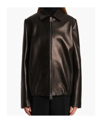 Khaite Grizzo Oversized Leather Collared Jacket In Black