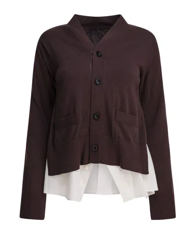 Sacai Long-sleeved Knitted Cardigan In Burgundy
