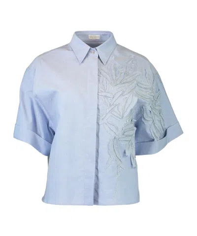 Brunello Cucinelli Embroidered Short-sleeve Shirt In Blue