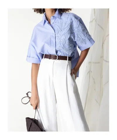 Brunello Cucinelli Embroidered Short-sleeve Shirt In Blue
