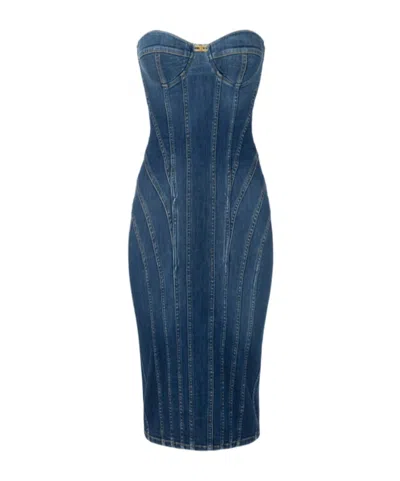 Elisabetta Franchi Denim Corset Dress With Panel Detailing In Blue