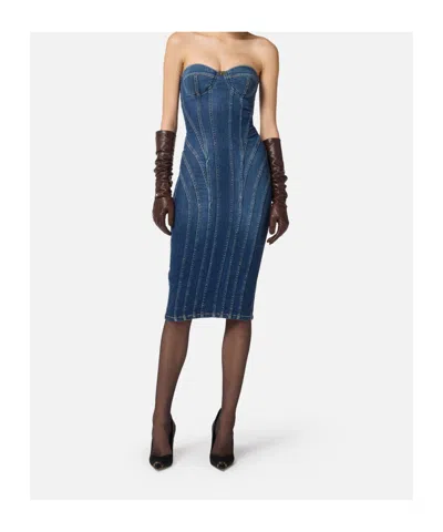 Elisabetta Franchi Denim Corset Dress With Panel Detailing In Blue