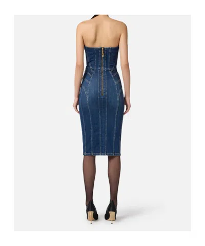 Elisabetta Franchi Denim Corset Dress With Panel Detailing In Blue
