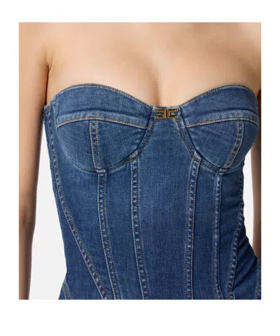 Elisabetta Franchi Denim Corset Dress With Panel Detailing In Blue
