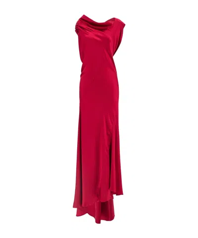 Alberta Ferretti Satin Draped Floor-length Dress With Asymmetric Neckline In Burgundy