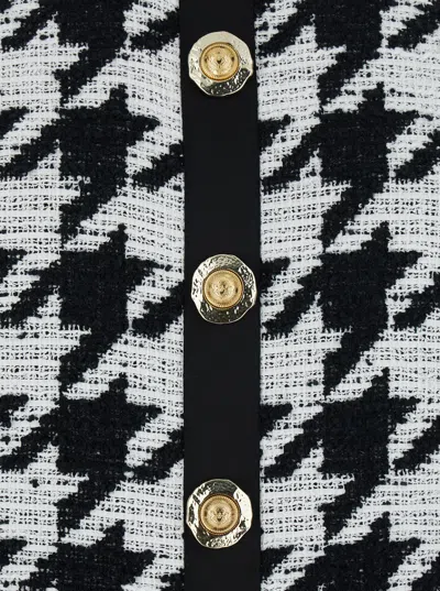 Balmain Cropped Button-embellished Gingham Knitted Top In Black