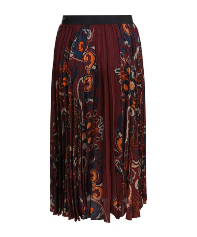 Sacai Pleated Floral Pattern Mid-length Skirt In Brown