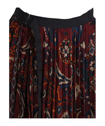Sacai Pleated Floral Pattern Mid-length Skirt In Brown