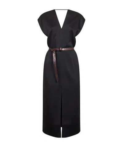 Brunello Cucinelli Women Black Cady Satin Belted Midi Dress