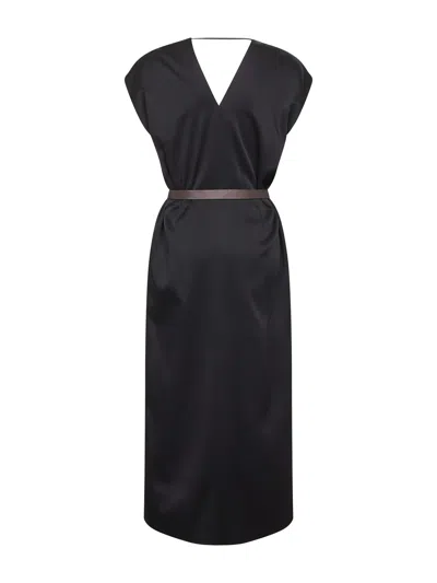 Brunello Cucinelli Women Black Cady Satin Belted Midi Dress