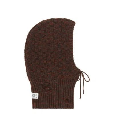 Mm6 Maison Margiela Distressed Wool Balaclava With Drawstring And Ribbed Hem In Brown