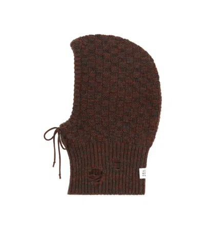 Mm6 Maison Margiela Distressed Wool Balaclava With Drawstring And Ribbed Hem In Brown
