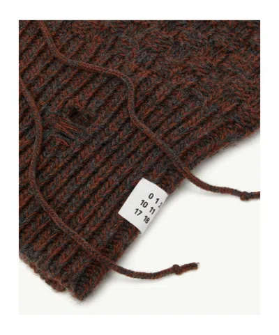 Mm6 Maison Margiela Distressed Wool Balaclava With Drawstring And Ribbed Hem In Brown