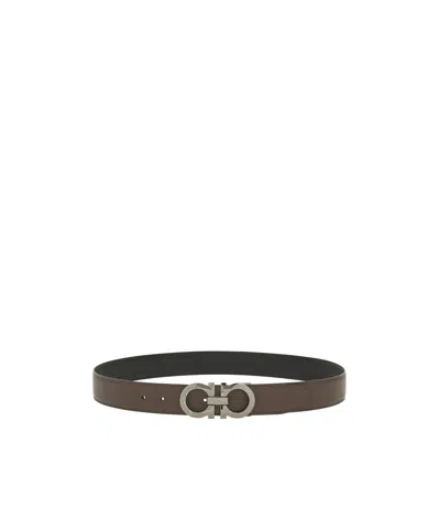 Ferragamo Double-sided Adjustable Gancini Double Buckle Belt In Black