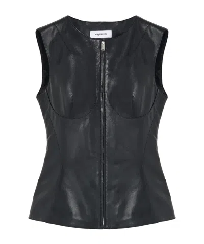 Alexander Mcqueen Sleeveless Leather Top In Black