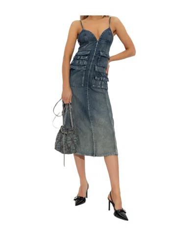 Diesel Dress In Fluid Laser-worn Denim In Blue
