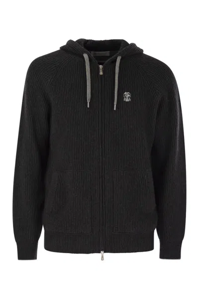 Brunello Cucinelli Cashmere Zip-up Hoodie Featuring Drawstring Hood In Black