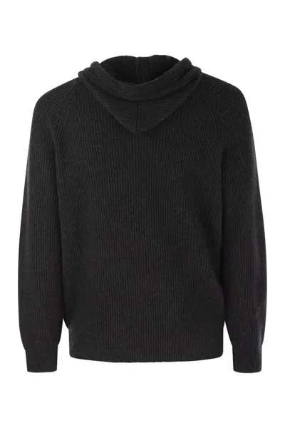 Brunello Cucinelli Cashmere Zip-up Hoodie Featuring Drawstring Hood In Black