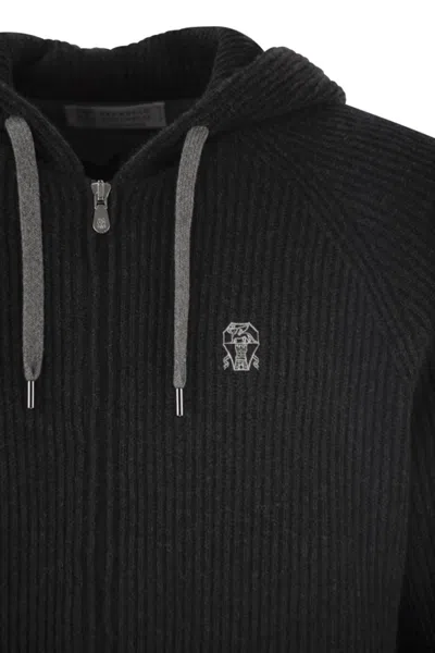 Brunello Cucinelli Cashmere Zip-up Hoodie Featuring Drawstring Hood In Black