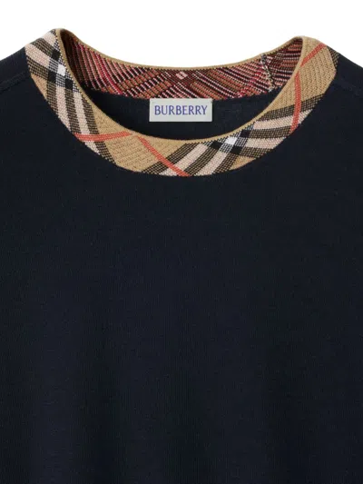 Burberry Crew Neck Knitwear With Distinctive Patterned Collar In Blue