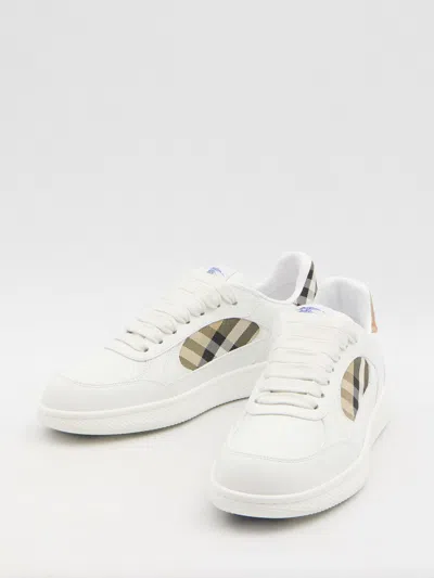 Burberry Low-top Leather Sneakers With Check Inserts In White